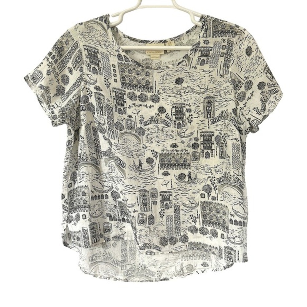 Cynthia Rowley 1X 100% Linen Venice Cityscape Tunic Art to Wear Lagenlook Blouse - Picture 1 of 10